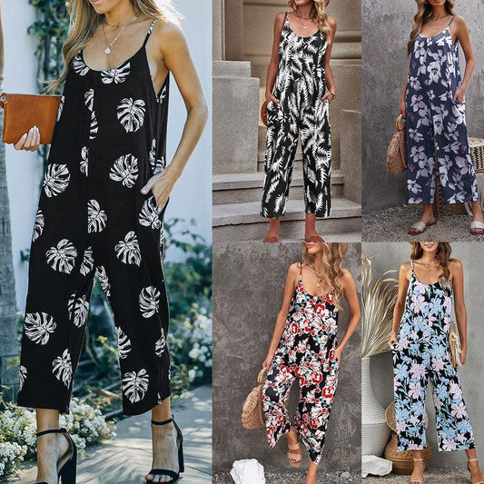 Cheky - Flowers Print Suspender Jumpsuit With Pockets Spring Summer Fashion Round-neck Overalls For Womens Clothing