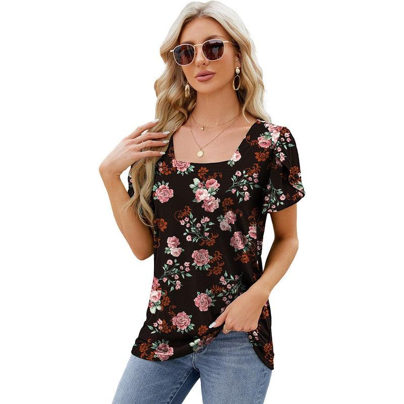 Cheky - Summer Top Fashion Square Neck Printed Short-sleeved T-shirt With Petal Sleeve Design Bohemian Beach Loose T-shirt For Womens Clothing