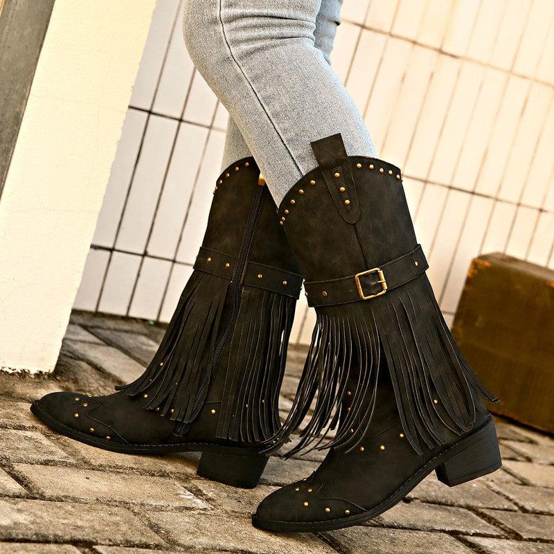 Cheky - Retro Tassel Boots With Rivet Strap Buckle Design Shoes For Women Winter Footwear Fashion Mid-calf Square Heel Knight Western Boots