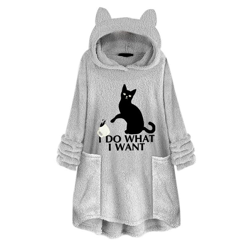 Cheky - Hooded Pullover Cat Print Long Sleeved Reversible Velvet Sweater