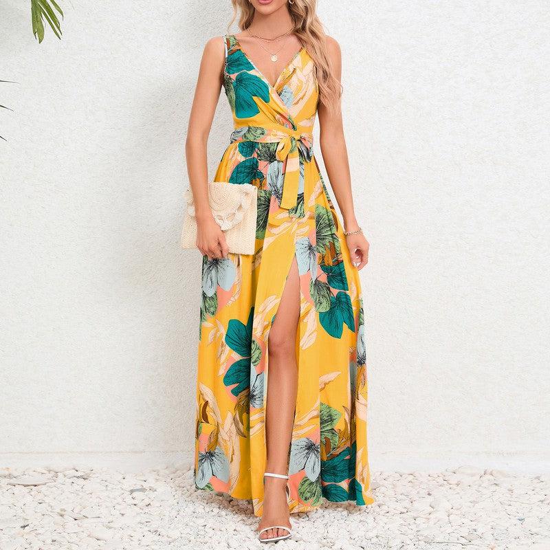 Cheky - V-neck Floral Print Long Dress Summer Fashion Waist Tie Slit Design Sleeveless Dress For Womens Clothing