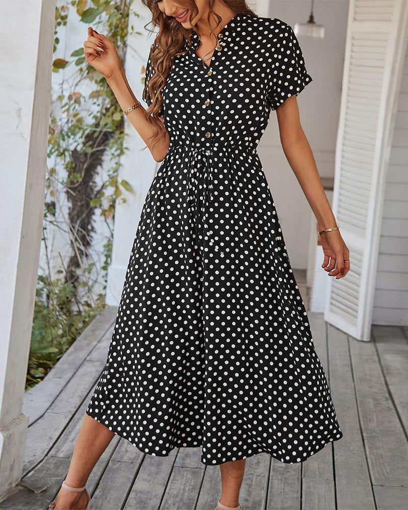 Cheky - Polka Dot Print Shirt Collar Large Swing Dress