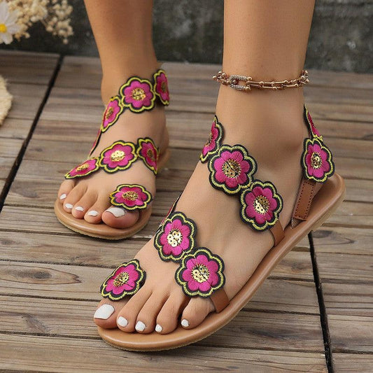 Cheky - Ethnic Style Flowers Flat Sandals Summer Vacation Casual Clip Toe Beach Shoes For Women