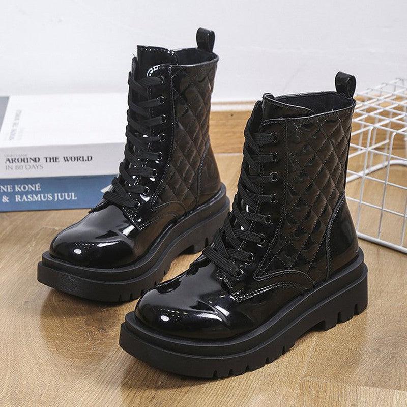 Cheky - Lace-up Thick-heeled Boots Winter Casual Round Toe Platform Ankle Boots Women Fashion Quilted Pattern Minimalist Motorcycle Shoes