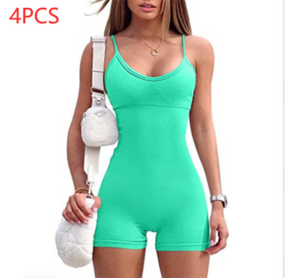 Cheky - Spaghetti Strap Shorts Jumpsuit Sports Yoga Workout Tight Romper Women Fashion Fitness Sportwear