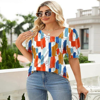 Cheky - Women's Short Sleeve Irregular Puff Sleeve Loose Floral T-shirt