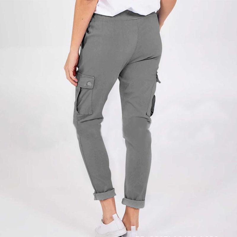 Cheky - Casual Cargo Pants With Pockets Solid Color Drawstring Waist Pencil Trousers For Women