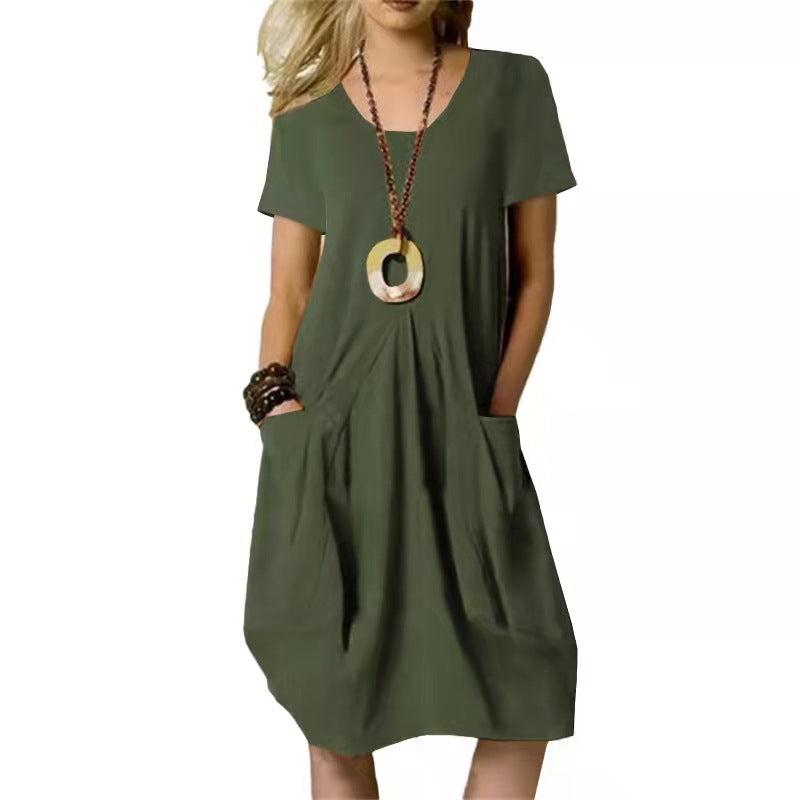 Cheky - Women's Dress With Pockets Cotton Linen Solid Color Loose Round Neck Short Sleeve Dress Summer