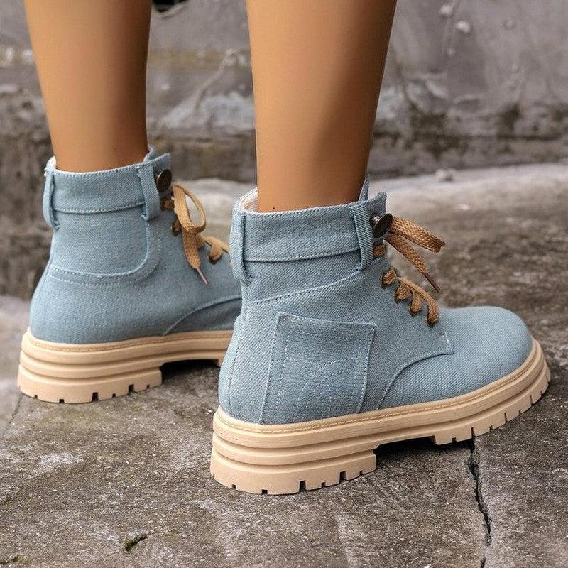 Cheky - Lace-up Denim Ankle Boots Women Fashion Platform Cowboy Boots Casual Fashion Autumn Winter Round Toe Shoes