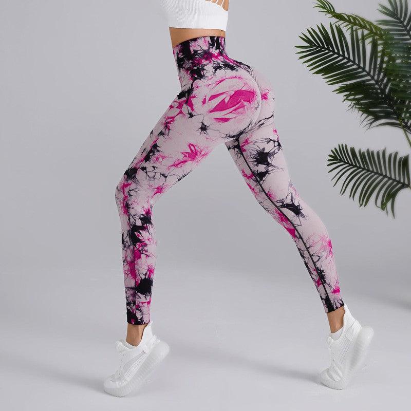 Cheky - Tie-dye Printed Yoga Pants Fashion Seamless High-waisted Hip-lifting Trousers Sports Running Fitness Pants For Womens Clothing