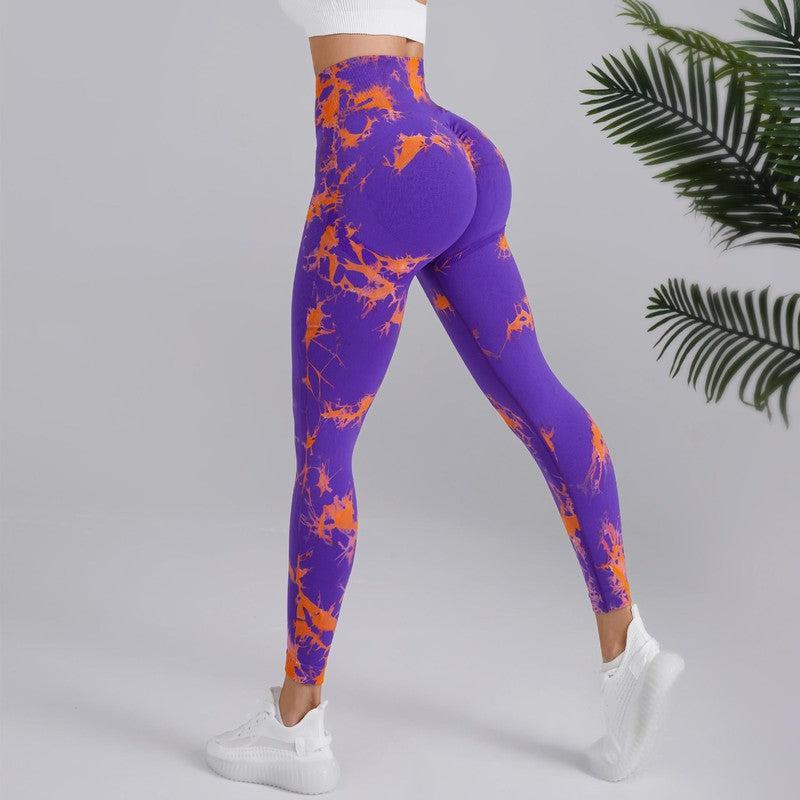 Cheky - Tie-dye Printed Yoga Pants Fashion Seamless High-waisted Hip-lifting Trousers Sports Running Fitness Pants For Womens Clothing