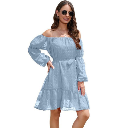 Cheky - Fashion One-shoulder Long Sleeve Dress For Women Tie Waist Off-shoulder Bubble Dot Ruffle Design Chiffon Dress