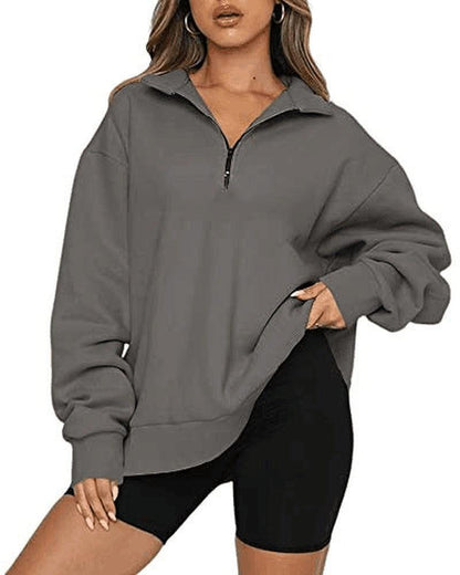 Cheky - Women Sweatshirts Zip Turndown Collar Loose Casual Tops Clothes