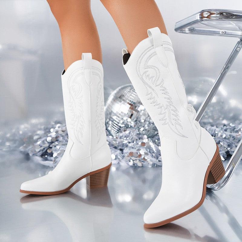 Cheky - White Knight Boots Fashion Embroidered Pointed Toe Square Heel Mid-calf Western Boots Women Autumn Winter Shoes