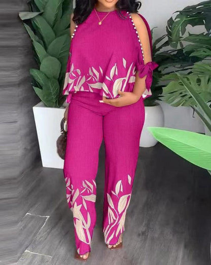 Cheky - Round Neck Raglan Half Sleeve Beaded Positioning Printed Trousers Suit