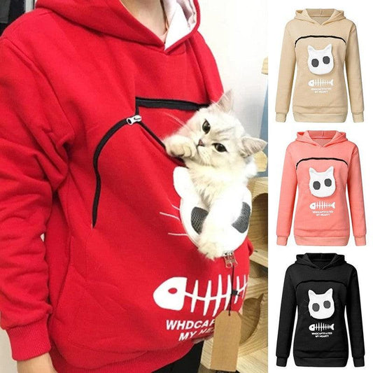 Cheky - Women Hoodie Sweatshirt With Cat Pet Pocket Design Long Sleeve Sweater Cat Outfit