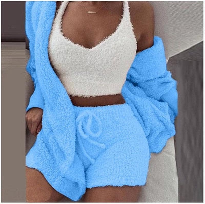 Cheky - Winter Sexy Women Home Wear Suit Casual Pajamas Set Lady Female Soft Warm Long Sleeve Exposed Navel Vest Shorts Set