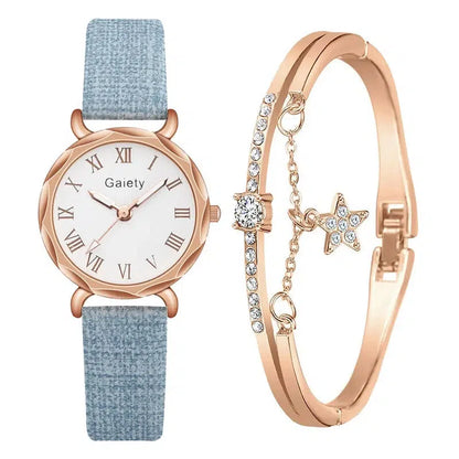 Cheky - Gaiety Brand 2pcs Set Casual Watch For Women Rhinestone Bracelet Watch Leather Ladies Wrist Clock Simple Dress Gfit Montre Femme