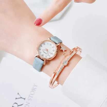 Cheky - Gaiety Brand 2pcs Set Casual Watch For Women Rhinestone Bracelet Watch Leather Ladies Wrist Clock Simple Dress Gfit Montre Femme