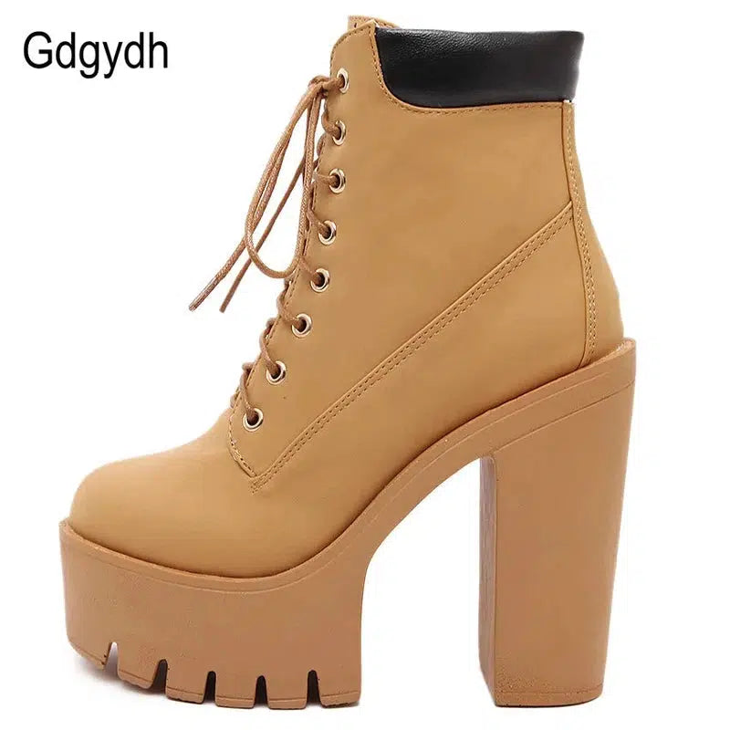 Cheky - Gdgydh Fashion Spring Autumn Platform Ankle Boots Women Lace Up Thick Heel Platform Boots Women's Chunky Heeled Short Boots