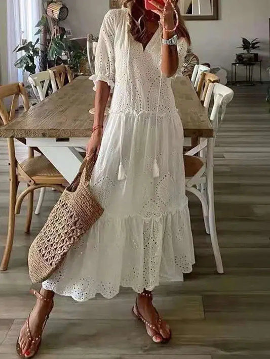 Cheky - Foridol Casual Hollow Out V Neck White Lace Maxi Dress Vintage A-line Loose Embrioderied Floral Print Bohemian Long Sundress