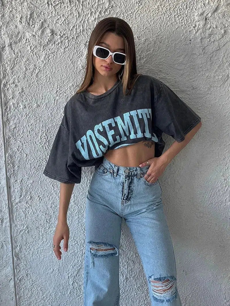 Cheky - Hirsionsan Acid Washed T Shirt Women Vintage Cotton T-shirts Streetwear Soft Mineral Tees Girl Loose Luxury Brand Tops Y2k