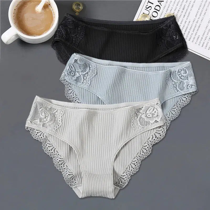 Cheky - FINETOO 3Pcs/set Women Cotton Panties M-2XL Low-Rise Underwear Trendy Patchwork Lace Briefs Female Soft Underpants Lingerie 2022