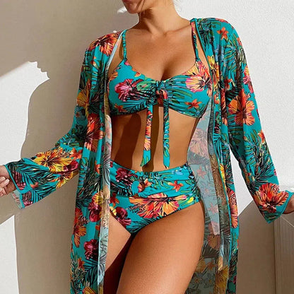 Cheky - Sexy High Waisted Bikini Three Pieces Floral Printed Swimsuit Women Bikini Set With Mesh Long-Sleeved Blouse Size S-3XL 2024 New