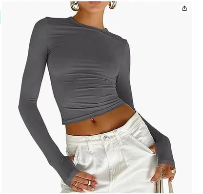 Cheky - Fashion Women T-shirt Long Sleeve Crew Neck Solid Slim Fit Ladies Crop Top with Thumb Holes for Daily Streetwear Summer Camis