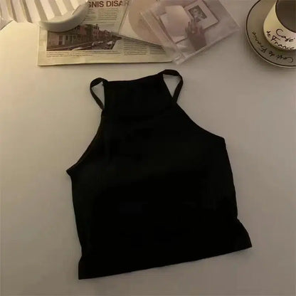 Cheky - Korean Version Women Tank Tops Thread Solid Casual Fashion Crop Top with Chest Pad Stripe Sleeveless Outer Wear Basic Camisole