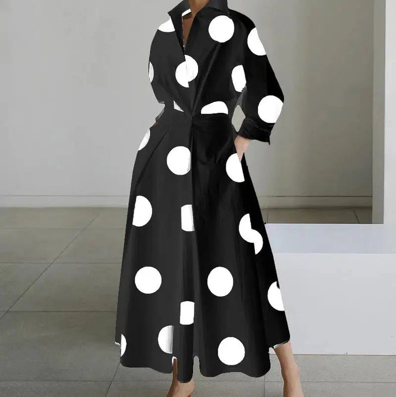 Cheky - White Dot Print Maxi Dress - Elegant Long Sleeve Autumn