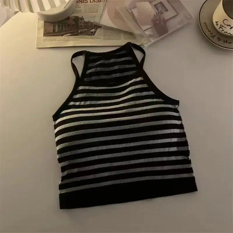 Cheky - Korean Version Women Tank Tops Thread Solid Casual Fashion Crop Top with Chest Pad Stripe Sleeveless Outer Wear Basic Camisole