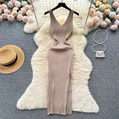 Cheky - YuooMuoo Chic Fashion Sexy Wrap Hips Split Knitted Autumn Dress Women Slim Elastic Bodycon Long Dress Streetwear Outfits Vestido