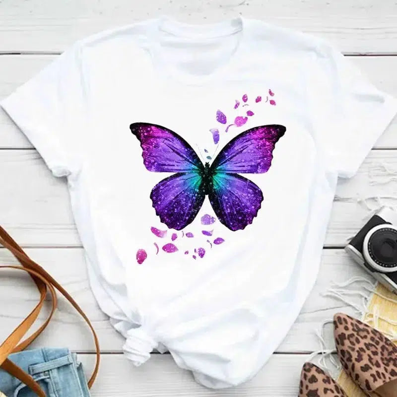 Cheky - New Fashion Women T-shirt Colorful Butterfly Petal Print Short Sleeve and Round Neck Cute Graphic Tee Shirts Female Tops Clothin