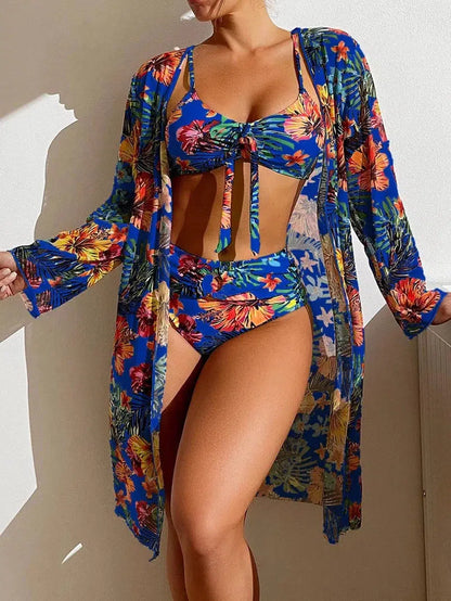 Cheky - Sexy High Waisted Bikini Three Pieces Floral Printed Swimsuit Women Bikini Set With Mesh Long-Sleeved Blouse Size S-3XL 2024 New