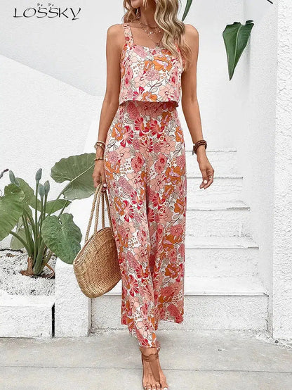 Cheky - Elegant Long Jumpsuit Women Sexy Backless Wide Leg Jumpsuits Casual Sleeveless Floral Rompers Summer Clothes For Woman 2024 New