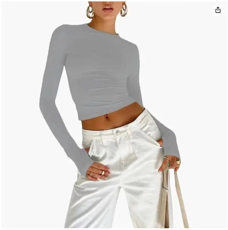 Cheky - Fashion Women T-shirt Long Sleeve Crew Neck Solid Slim Fit Ladies Crop Top with Thumb Holes for Daily Streetwear Summer Camis