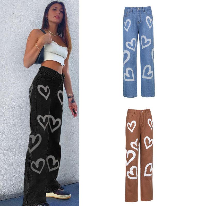 Cheky - Wide-leg Jeans Women's Love Print Straight Loose