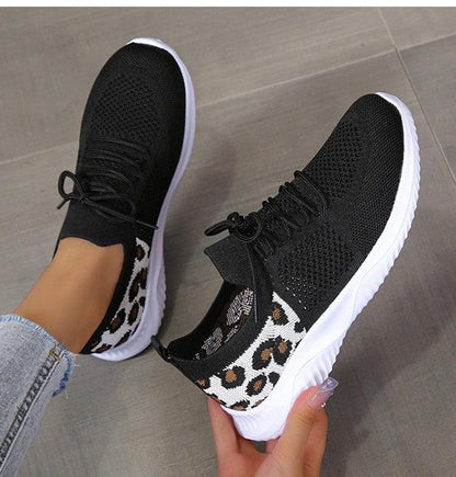 Cheky - White Shoes Women Leopard Print Lace-up Sneakers Sports