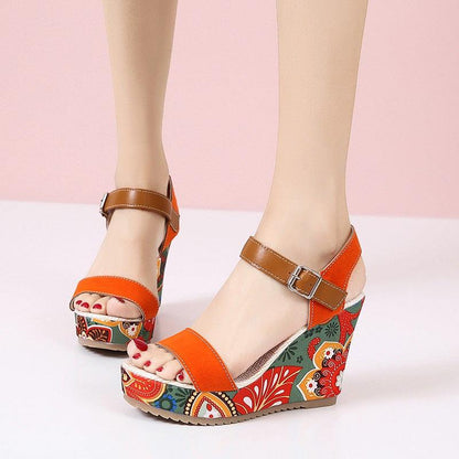 Cheky - Fashion Flowers Embroidered High Wedge Sandals For Women Summer Toe Platform Buckle Shoes