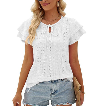 Cheky - Women's Hole Hollow-out Lace-up Double-layer Sleeve Top