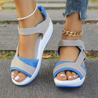 Cheky - Velcro-design Sports Sandals Summer Color-blocked Wedges Breathable Mesh Shoes Summer Fish Mouth Sandals For Women