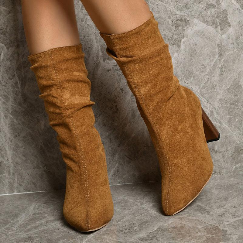 Cheky - Pointed Toe High Block Heels Boots Woman Winter Warm Mid-calf Suede Long Boots New Fashion Trendy Solid Shoes For Party Lady