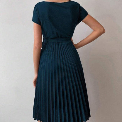 Cheky - Solid Color Belt Pleated Batwing Sleeve Women Long Dress