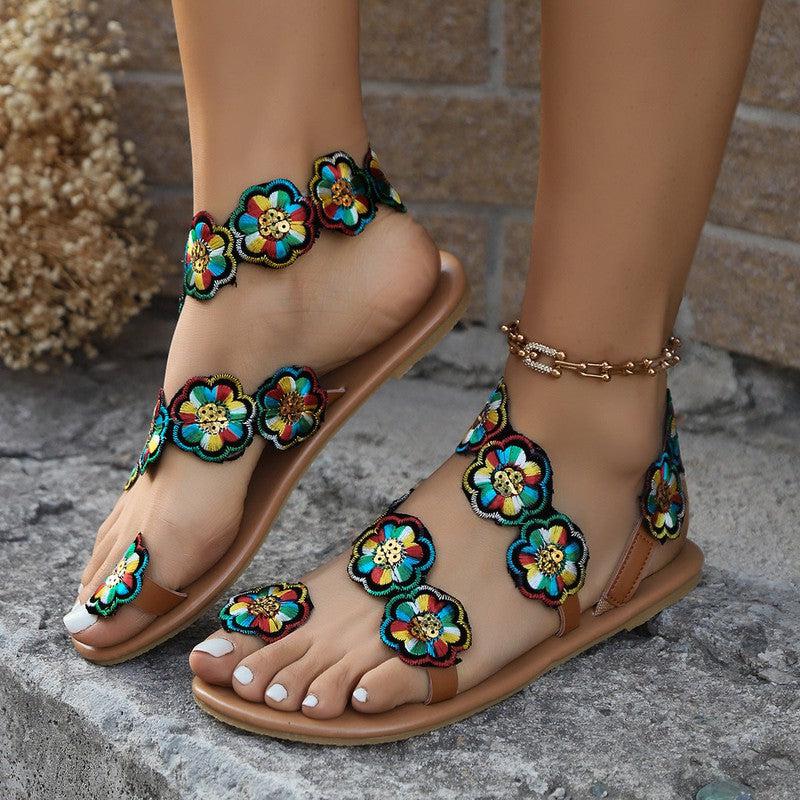 Cheky - Ethnic Style Flowers Flat Sandals Summer Vacation Casual Clip Toe Beach Shoes For Women