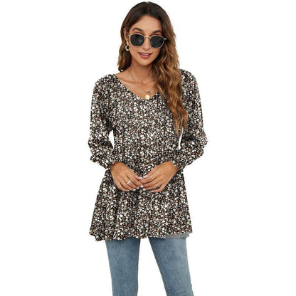 Cheky - Long Puff Sleeve Tops Women Flowers Print Casual V-Neck Blouse T-Shirts Babydoll Tops