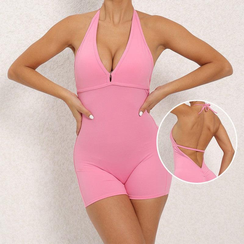 Cheky - Yoga Pants Halter Neck Jumpsuit Beauty Back Shorts High Elastic One-piece Fitness For Womens Clothing