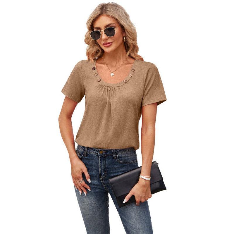 Cheky - Women's Short-sleeved T-shirt Summer Button Square Collar Pleated Design Solid Color Loose T-shirt Womens Clothing