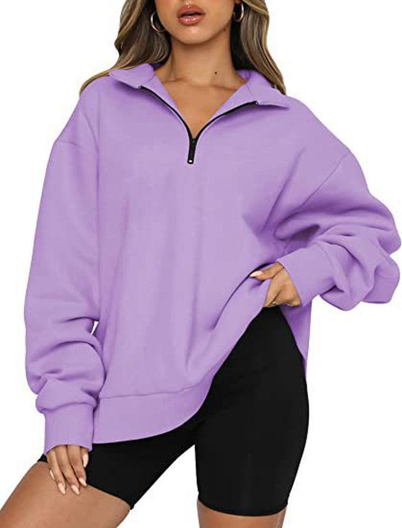 Cheky - Women Sweatshirts Zip Turndown Collar Loose Casual Tops Clothes