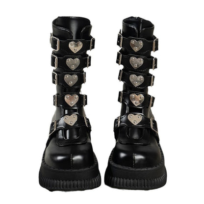 Cheky - Heart Platform Shoes Dark Punk Mid-calf Martin Boots Female